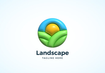 Inflated 3D Vector Circle Landscape Logo Template. Abstract Vector Green Field with Sun and Blue Sky Sign Isolated