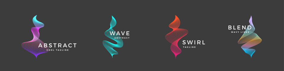Fototapeta na wymiar Abstract Vector Blend Wavy Logo Templates Set. Elegant Curved Signs with Holographic Brutalism Style Gradient and Typography Isolated