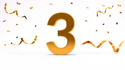 Happy 3 birthday party celebration. Gold numbers with glitter gold confetti, serpentine. Festive background. Decoration for party event. One year jubilee celebration. 3d render illustration.