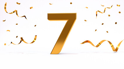 Happy 7 birthday party celebration. Gold numbers with glitter gold confetti, serpentine. Festive background. Decoration for party event. One year jubilee celebration. 3d render illustration.