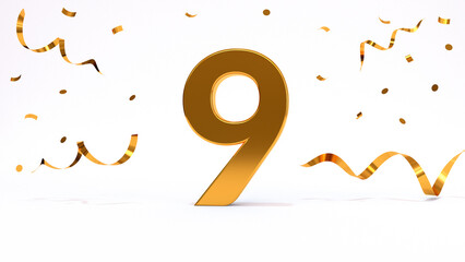 Happy 9 birthday party celebration. Gold numbers with glitter gold confetti, serpentine. Festive background. Decoration for party event. One year jubilee celebration. 3d render illustration.
