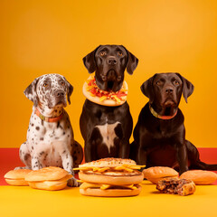 Three funny dogs are sitting surrounded by fast food on a yellow background. Generative ai.