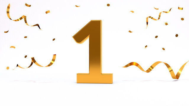 Happy 1 birthday party celebration. Gold numbers with glitter gold confetti, serpentine. Festive background. Decoration for party event. One year jubilee celebration. 3d render illustration.