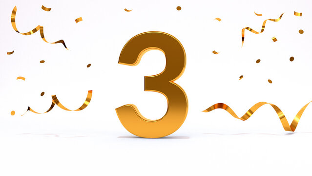 Happy 3 birthday party celebration. Gold numbers with glitter gold confetti, serpentine. Festive background. Decoration for party event. One year jubilee celebration. 3d render illustration.