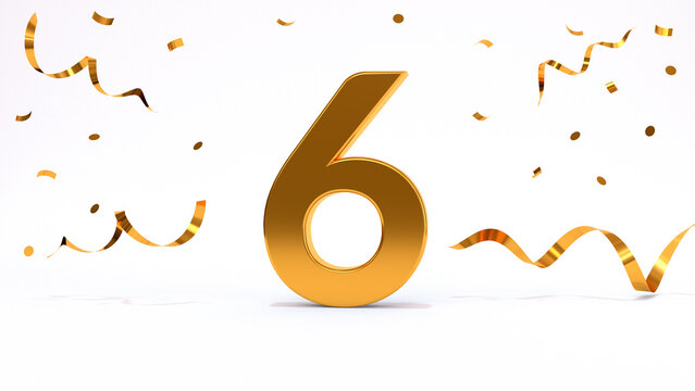 Happy 6 birthday party celebration. Gold numbers with glitter gold confetti, serpentine. Festive background. Decoration for party event. One year jubilee celebration. 3d render illustration.