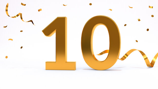 Happy 10 birthday party celebration. Gold numbers with glitter gold confetti, serpentine. Festive background. Decoration for party event. One year jubilee celebration. 3d render illustration.