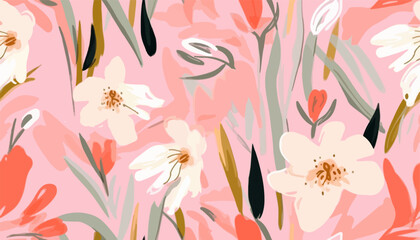 Fototapeta Hand drawn cute pink artistic flowers print. Modern botanical pattern. Fashionable template for design obraz