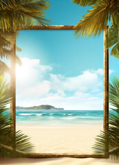 Tropical Summer Getaway with Golden Beach, Palm Leaves, and Blue Skies ? Copy Space Available, generative AI