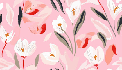 Hand drawn cute pink artistic flowers print. Modern botanical pattern. Fashionable template for design