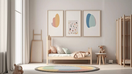 Fototapeta na wymiar Modern Children Room. Contemporary Interior Design Background. Pastell color. Generative AI.