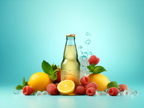 Fruit beer poster, banner design template. Illustration of a glass bottle of fruit beer with fruits and citrus around. Sweet beer commercial banner for events, advertising, announcement. Generative AI