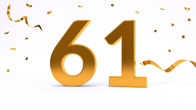 Happy 61 birthday party celebration. Gold numbers with glitter gold confetti, serpentine. Festive background. Decoration for party event. One year jubilee celebration. 3d render illustration.