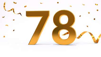 Happy 78 birthday party celebration. Gold numbers with glitter gold confetti, serpentine. Festive background. Decoration for party event. One year jubilee celebration. 3d render illustration.