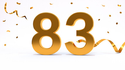 Happy 83 birthday party celebration. Gold numbers with glitter gold confetti, serpentine. Festive background. Decoration for party event. One year jubilee celebration. 3d render illustration.