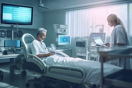 medical composition with people in futuristic clinic, ai tools generated image
