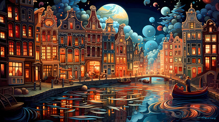 Obraz premium Illustration of a beautiful city view on the river