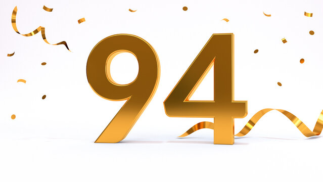 Happy 94 birthday party celebration. Gold numbers with glitter gold confetti, serpentine. Festive background. Decoration for party event. One year jubilee celebration. 3d render illustration.