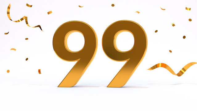 Happy 99 birthday party celebration. Gold numbers with glitter gold confetti, serpentine. Festive background. Decoration for party event. One year jubilee celebration. 3d render illustration.