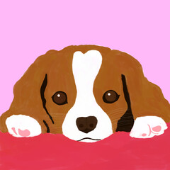 Ilustración de Lindo perrito bebe observándote con fondo rosado
