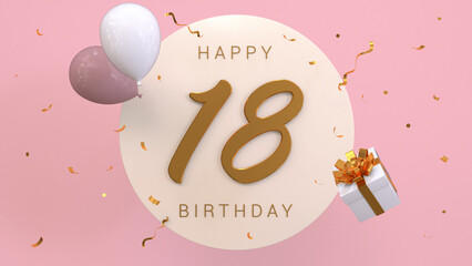 Elegant Greeting celebration 18 years birthday. Happy birthday, congratulations poster. Golden numbers with sparkling golden confetti and balloons. 3d render illustration.