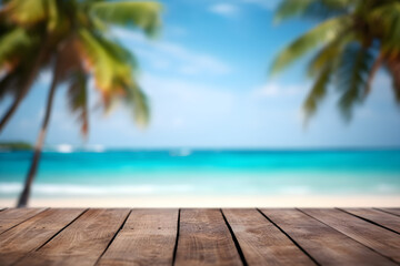 Empty wooden table on a beautiful blurred tropical beach background. Summer holiday background for product display.