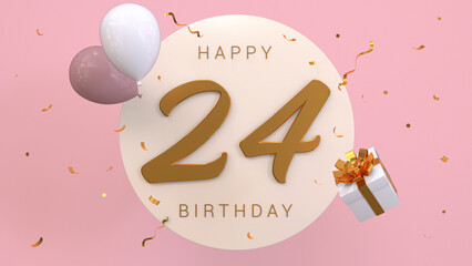 Elegant Greeting celebration 24 years birthday. Happy birthday, congratulations poster. Golden numbers with sparkling golden confetti and balloons. 3d render illustration.