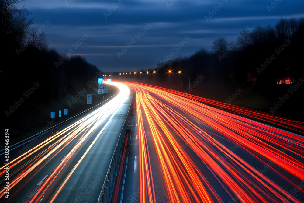 Wall mural light trails of a car traveling down dark highway. generative AI