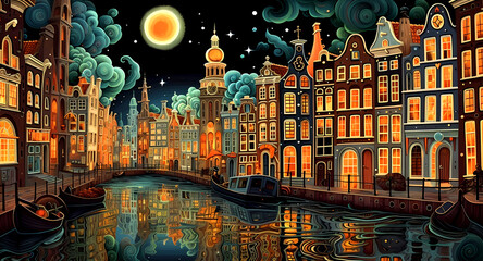 Fototapeta premium Illustration of a beautiful city view on the river