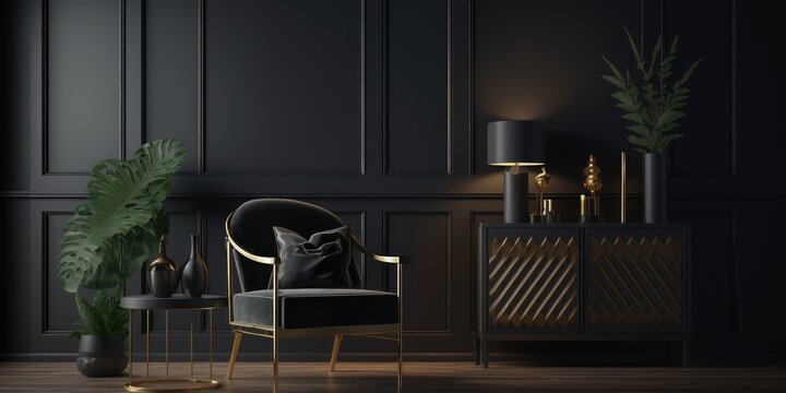 Dark living room interior with luxury gray sofa. distinct generative AI image.