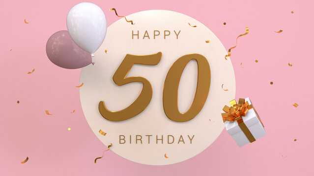 Elegant Greeting celebration 50 years birthday. Happy birthday, congratulations poster. Golden numbers with sparkling golden confetti and balloons. 3d render illustration.