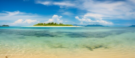 Obraz premium Tropical island receding into the distance. Lovely sunny summer day. Sky with light clouds merges with crystal clear water. 