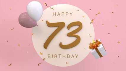 Elegant Greeting celebration 73 years birthday. Happy birthday, congratulations poster. Golden numbers with sparkling golden confetti and balloons. 3d render illustration.