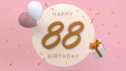 Elegant Greeting celebration 88 years birthday. Happy birthday, congratulations poster. Golden numbers with sparkling golden confetti and balloons. 3d render illustration.