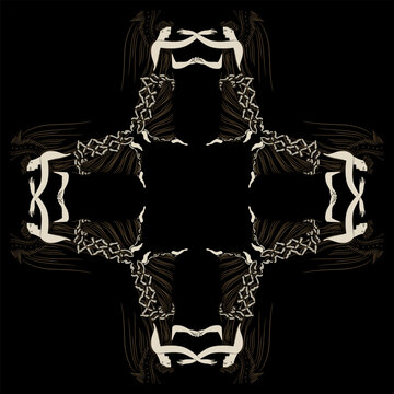 Rectangular cross shape ornament or square ethnic frame with standing winged antique women or angels. Ancient Greek goddess Nike. On black background.