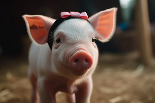cute pig wearing ribbon on head