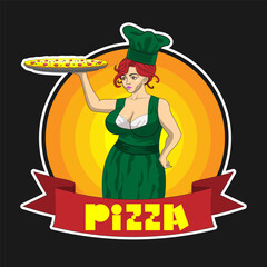 Woman pizza cook. Vector illustration isolated on a black background