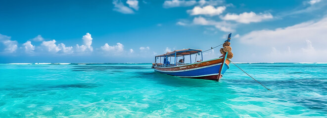 Obraz premium Turquoise Ocean and Blue Sky with Tropical Island Panorama for Summer Vacation,, generative AI