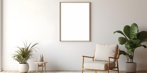 Blank picture frame mockup on white wall,Generative AI.