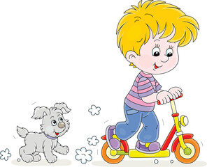 Happy little boy riding a toy scooter and playing with his merry small puppy on a playground in a park on summer vacation, vector cartoon illustration isolated on white