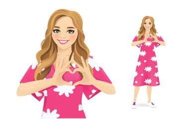 Happy cute young beautiful woman curly hairstyle in dressmaking heart shape with hands standing. Love concept isolated vector illustration