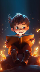 Boy reading a fantasy book, 3d cartoon style character - ai generative