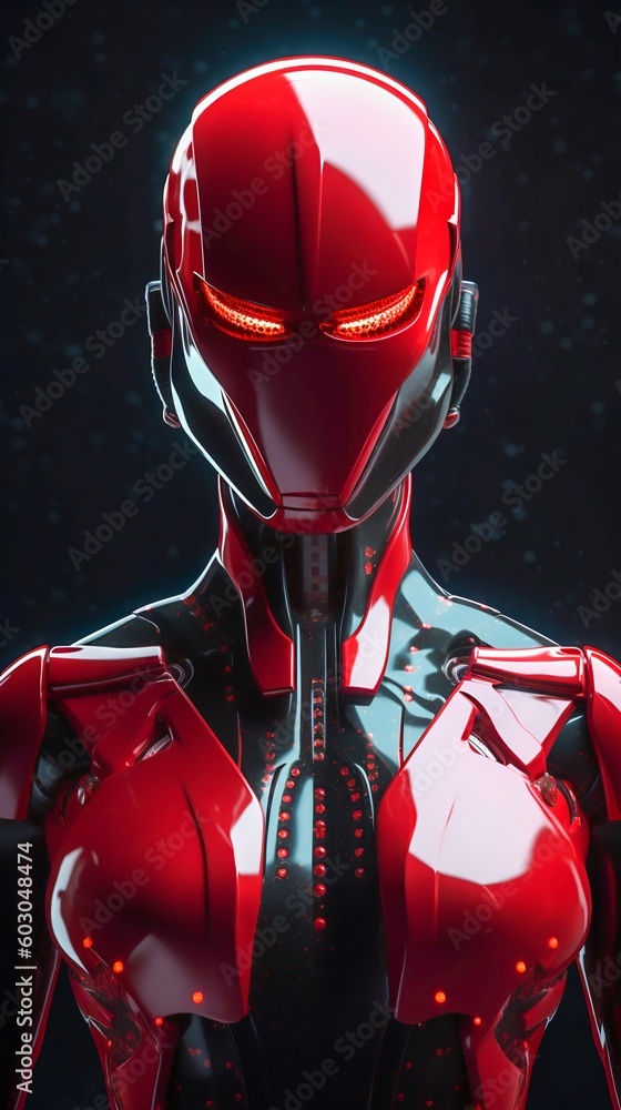 Poster hi-tech synthetic bio-ethereal robot in red titanium. generative ai