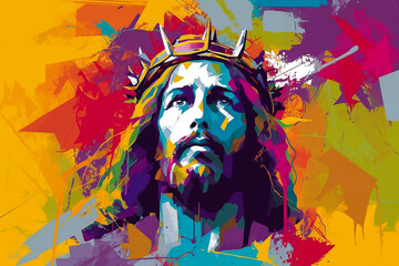 Colorful art style of jesus Christ with crown of spine - ai generative