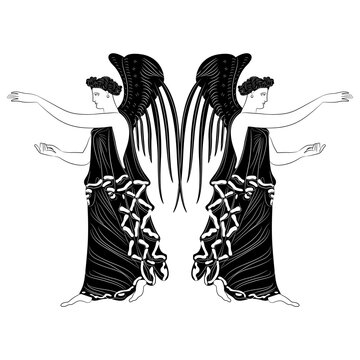 Symmetrical ethnic design with two standing winged antique women or angels. Ancient Greek goddess Nike. Black and white silhouette.