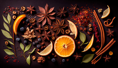 tea leaves dried berries and dried fruits, orange peel, cinnamon, star anise. Generative AI, - obrazy, fototapety, plakaty