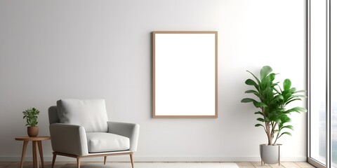Fototapeta na wymiar Blank picture frame mockup on white wall,Generative AI.