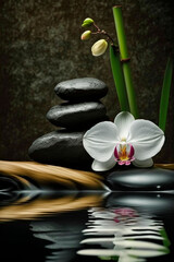 zen stones on a background of water and bamboo and orchid flowers. Generative AI,