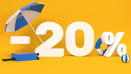 3d text minus 20 percent with luggage for travel on a yellow background. Concept for travel agencies, websites, travel discount, vacation. 3d rendering.