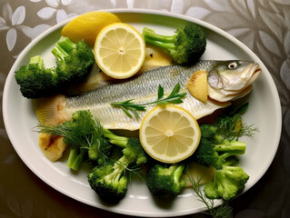 Appetizing dish of grilled fish, lemon and broccoli