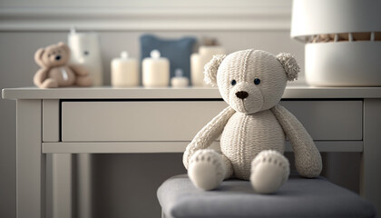 table with a plush toy bear in the baby room. Generative AI,